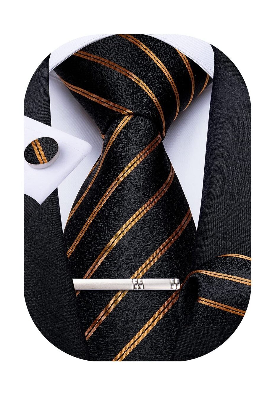 7938 Striped Tie Silk Woven Necktie and Pocket Square Cufflinks Tie Clip